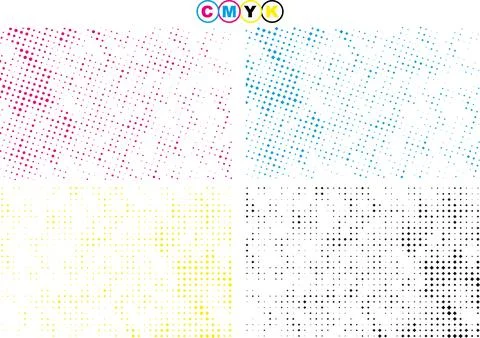 Set of four different colored halftone patterns of cmyk dot, square dot effect Illustrazione stock