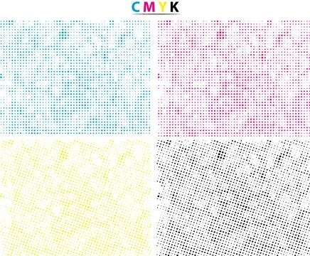 Set of four different colored halftone patterns of cmyk dot, square dot effect Stock Illustration