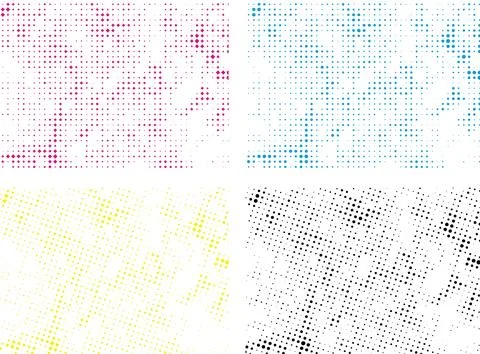 Set of four different colored halftone patterns of cmyk dot, square dot effect Illustrazione stock