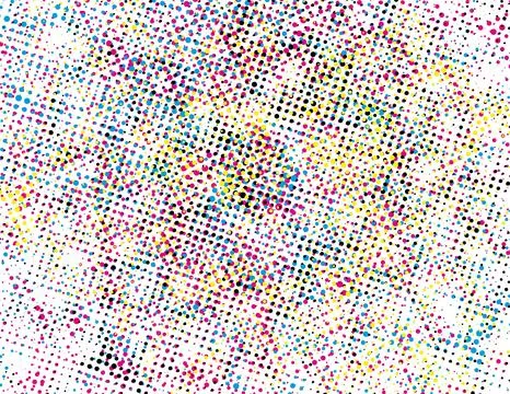 Set of four different colored halftone patterns of cmyk dot, square dot effect Illustrazione stock