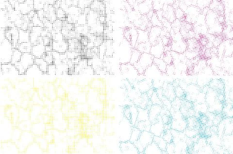 Set of four different colored halftone patterns of cmyk dot, square dot effect Stock Illustration