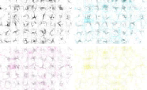 Set of four different colored halftone patterns of cmyk dot, square dot effect Illustrazione stock