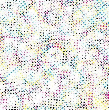 Set of four different colored halftone patterns of cmyk dot, square dot effect Illustrazione stock