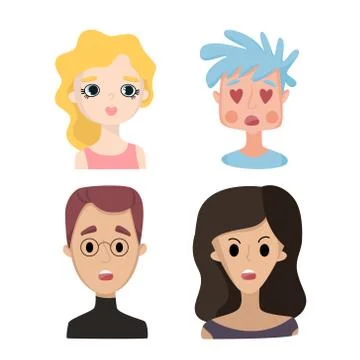 A set of four different human faces, male and female. Illustrazione stock