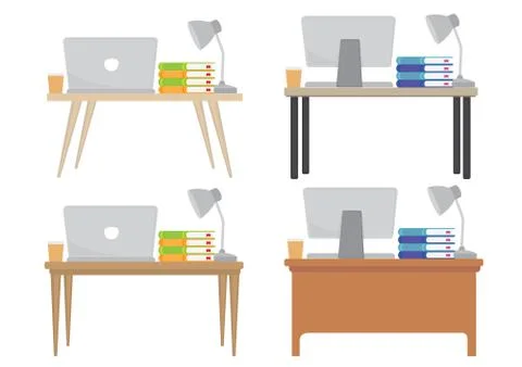 A set of four different modern office desk table with either a computer or la Stock Illustration