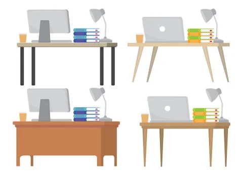A set of four different modern office desk table with either a computer or la Stock Illustration