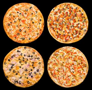 Set of four different pizzas 스톡 사진