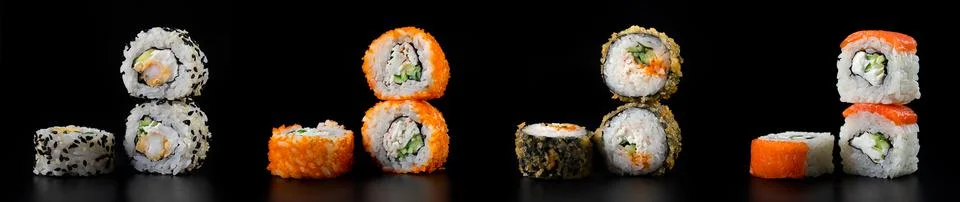 Set of four different rolls on black background Stock Photos