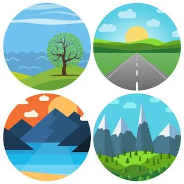 Set of four different vector cartoon landscape in circle Stock Illustration