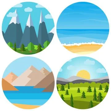 Set of four different vector cartoon landscape in circle 스톡 일러스트