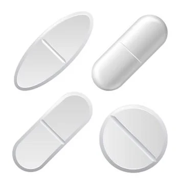 Set of four different vector realistic white pills isolated on white background Stock Illustration