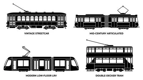 Set of four distinct public transit streetcar with graphic collection displays Stock Illustration