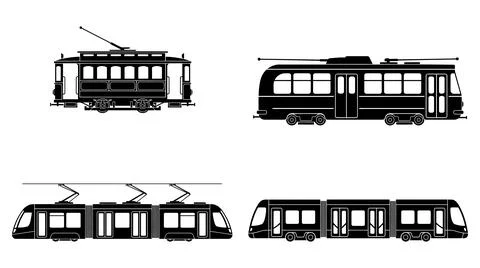 Set of four distinct urban tramway vehicle silhouettes in flat black style Stock Illustration