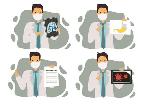 Set of four doctors with tools. Illustrazione stock