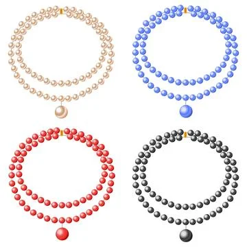 Set of four elegant double row pearl necklaces in different colors isolated. Stock Illustration