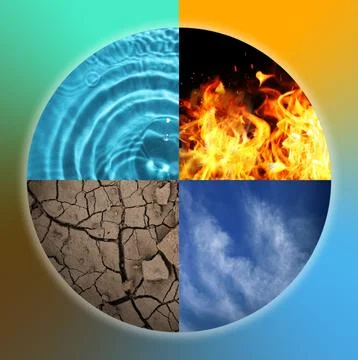 Set of four elements on color background. Air, Earth, Fire and Water Stock Photos
