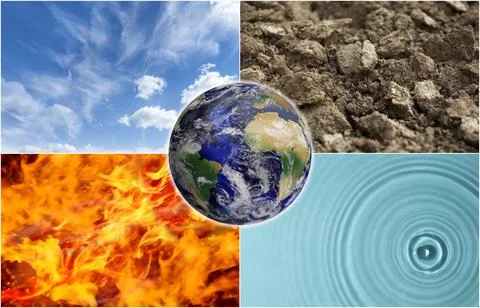 Set of four elements with globe. Air, Earth, Fire and Water Stock Photos