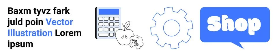 Set of four elements including a calculator, apple, gear, and a shop symbol i Stock Illustration
