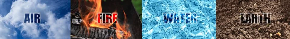 Set of four elements with its names. Air, Fire, Water and Earth Stock Photos