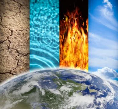 Set of four elements near globe. Earth, Water, Fire and Air Stock Photos