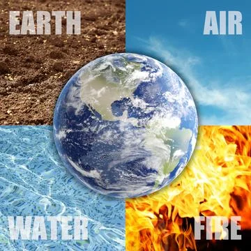 Set of four elements with their names and globe. Earth, Air, Water and Fire Stock-Fotos