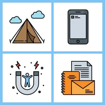 Set of Four Flat Icons Representing Camping, Technology, Magnetism, and Bus.. Иллюстрация