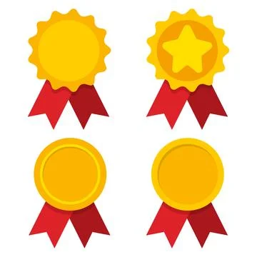 Set of four flat-style gold medals with red ribbons, symbolizing reward, success Stock Illustration