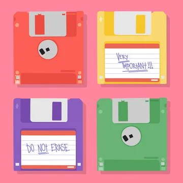 Set of four floppy disks with notes Stock Illustration