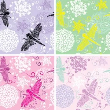 Set of four floral seamless patterns with flowers and dragonfly Illustrazione stock