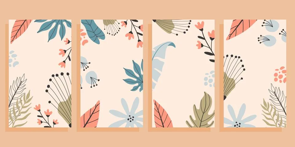 Set of four flyers with empty space for text. Tropical background, hand drawn Stock Illustration