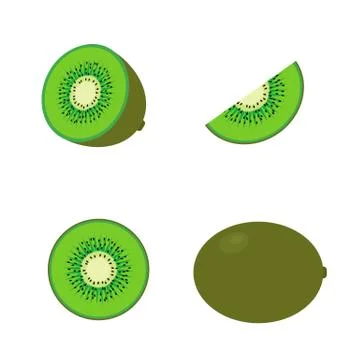 Set of four fresh kiwi different views: whole, half, slice. Tropical fruits i Stock Illustration