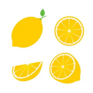 Set of four fresh lemons different views whole, half, slice. Natural organic  Illustrazione stock