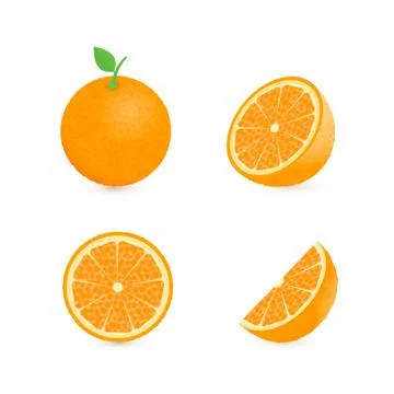 Set of four fresh oranges different views (whole, half, slice, cone) with gre Stock Illustration