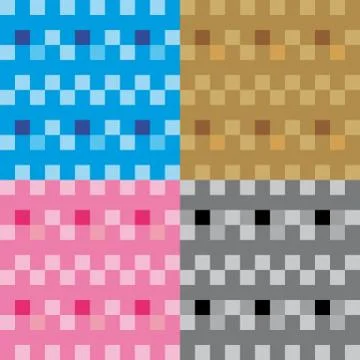 Set four fun pattern with blue pink grey black beige brown squares pixel effect Stock Illustration