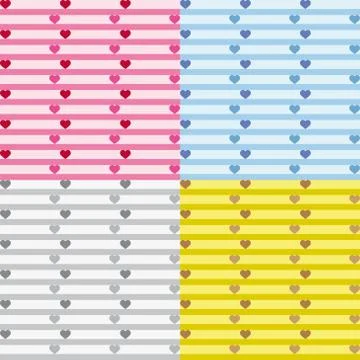 Set four fun patterns with pink blue grey yellow and brown hearts Stock Illustration