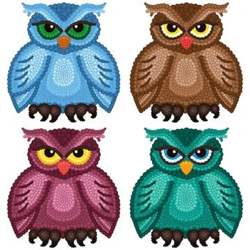 Set of four funny owls Stock Illustration