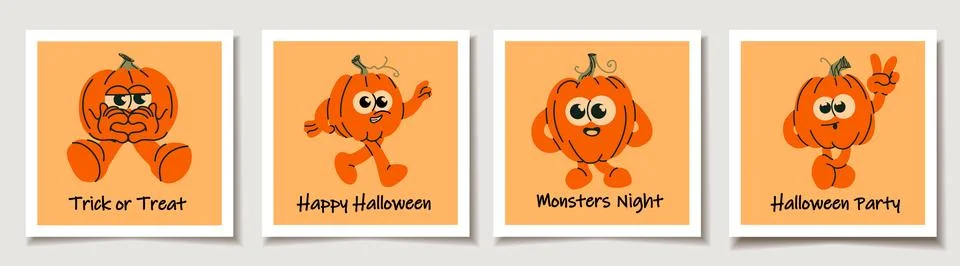 Set of Four Funny Pumpkin Characters on Halloween Cards Illustrazione stock