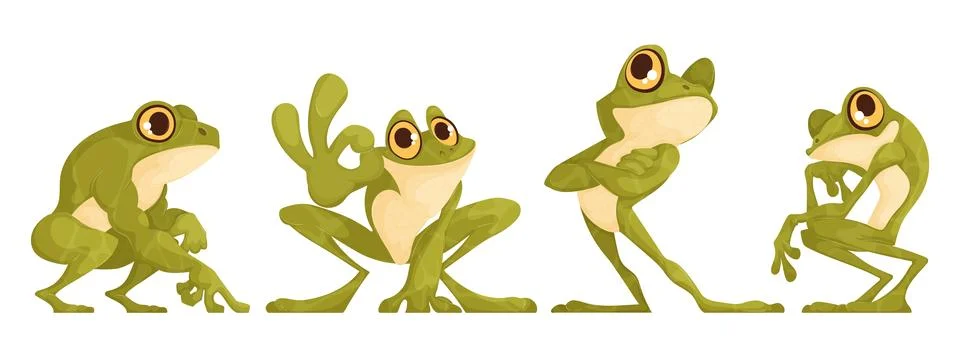 Set of four funny toads in different poses. Green toad of interesting carto.. Stock Illustration