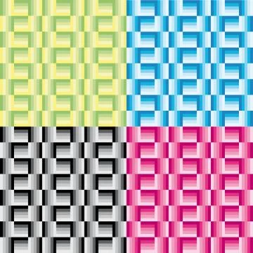 Set four geometric patterns with green yellow pink black blue rectangles Stock Illustration