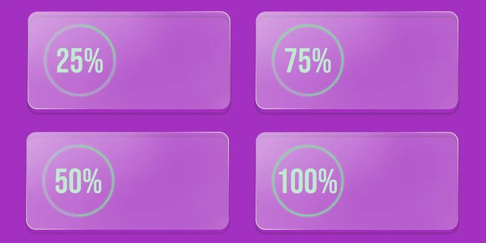 A set of four glossy purple rectangular buttons featuring circular progress b Stock Illustration