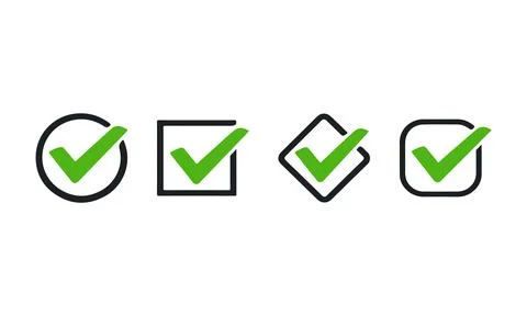 Set of four green check mark icons in different black geometric shapes incl.. Stock Illustration