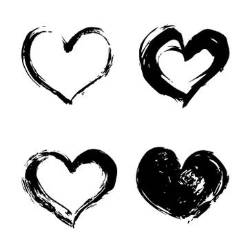 Set of four hand drawn black hearts isolated on white. Grunge heart vector il Stock Illustration