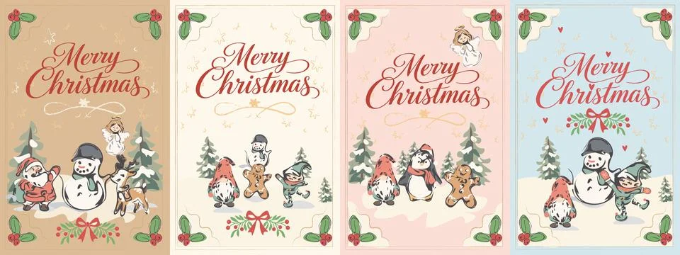 Set of Four Hand Drawn Merry Christmas Greeting Cards Stock Illustration