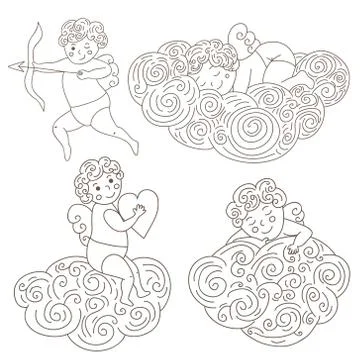 Set of four hand drawn sleeping angels on clouds. Outline angels isolated o.. Stock Illustration