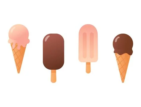 Set of four ice cream illustrations including cone bar and popsicle in flat.. Stock Illustration