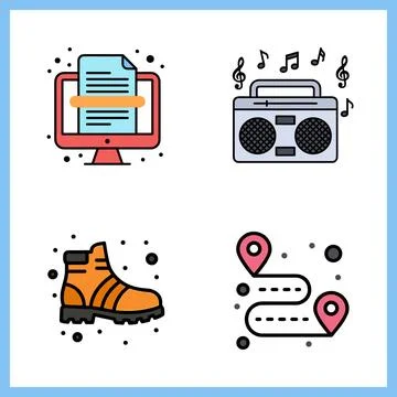 Set of four icons representing document, music, boot, and navigation. Иллюстрация