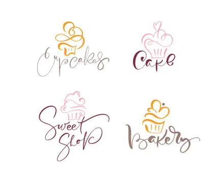 Set of four illustrations of cake vector calligraphic text with logo. Sweet c Stock-Illustration