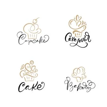Set of four illustrations of cake vector calligraphic text with logo. Sweet Stock Illustration
