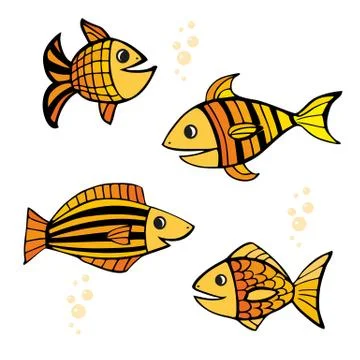Set of four isolated hand drawn colored yellow and orange fishes with black o Stock Illustration