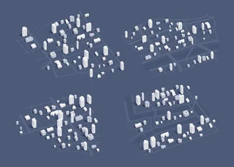 Set of four isometric city block layouts on dark background Stock Illustration